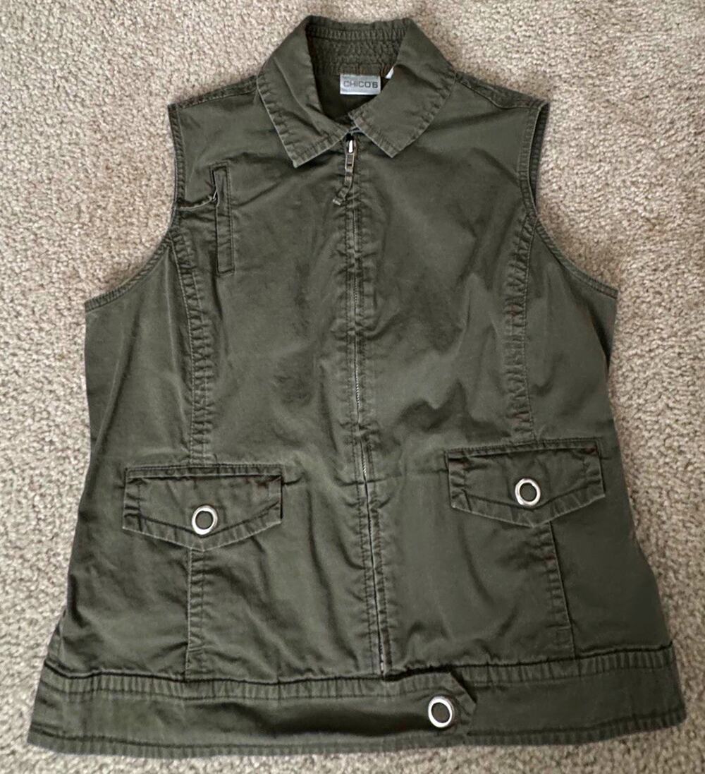 Chico's Womens Green Utility Vest Size 1 Collared Full Zip Pockets Sleeveless